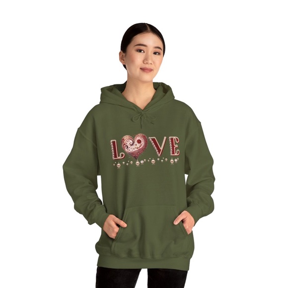Love Hoodie Valentines, Mothers Day Military Green College Hoodie Sweatshirt - Picture 3 of 12